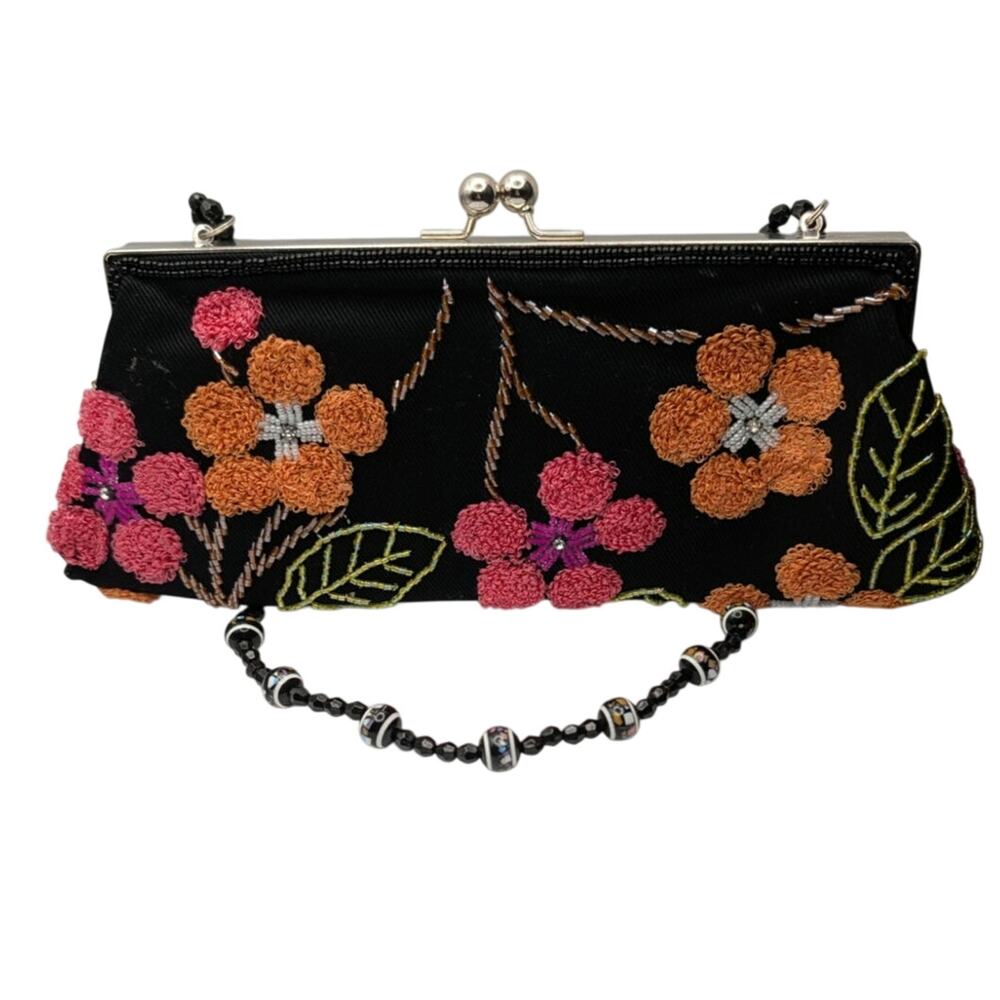 Vintage Black Chenille and Beaded Floral Evening Bag Purse